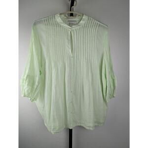 Soft Surroundings Pintuck Pleated Button Front Shirt Keyhole Opening Green